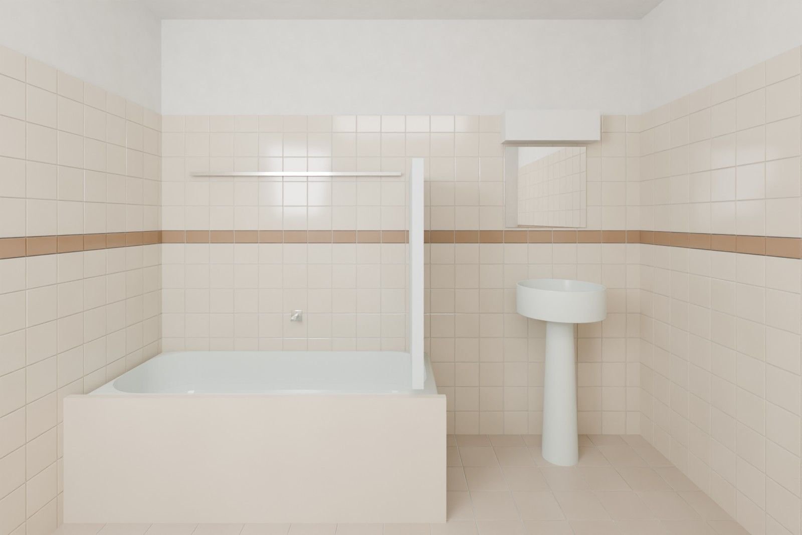 Vorher: Bad mit kleinen beigen Fliesen, brauner Bordüre, Wanne mit Duschvorhang und Standwaschbecken